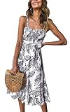 Angashion Women's Dresses - Summer Boho Floral Spaghetti Strap Belt Swing A line Midi Dress 121 Black M