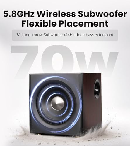 Edifier S355DB 2.1 Powered Bookshelf Speakers with 8" Wireless Subwoofer, 150W Tri-Amp Hi-Res Audio, Computer Speaker System, Bluetooth 6.0 with LDAC, HDMI/Optical/Coaxial Inputs for PC, TV (Walnut)