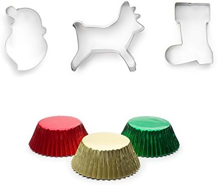 The Culinary Junction Stainless Steel Cookie Cutter and Bake Cup Bundle, Including Santa's Face, Boot, and Reindeer Cookie Cutters and 45 Total Red, Green, and Gold Foil Cupcake Liners