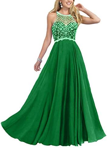 Firose Women's Long Prom Dresses 2019 Scoop Neckline Beaded A Line Formal Dress