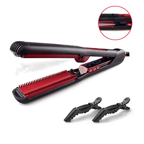 Showliss Professional Ceramic Cold Steam Hair Straightener Flat Iron with Comb Teeth for Better Straightening and Curling, LCD Display, Dual Voltage