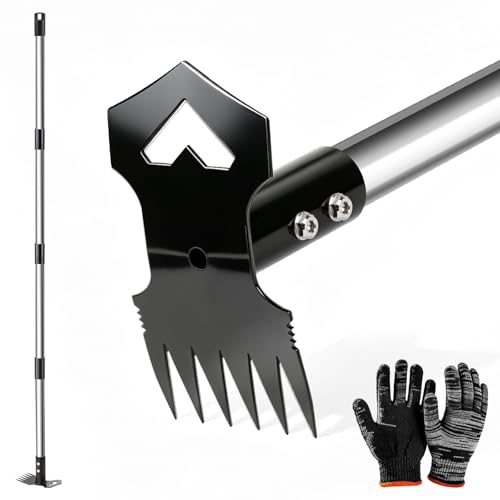 60" Weed Puller Tool with Long Handle, 2-in-1 Weed Rake & Garden