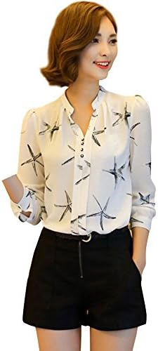 Hengzhi Women's Sweat Thin v Neck Chiffon Cute Shirts Button Up Blouses Fall