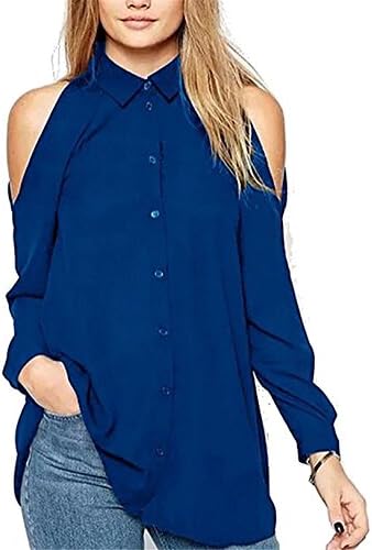 Mainstream Womens Long Sleeve Cold Shoulder Loose Fit Button Down Shirt,Medium,RoyalBlue