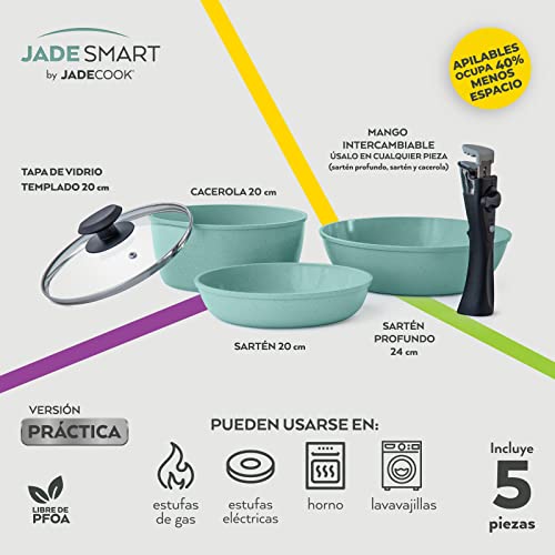 JadeCook Batería de Cocina Antiadherente 5 Piezas con Mango Removible Jade Smart, Sartenes y Cacerola Apilables, Apta para Gas y Eléctrica