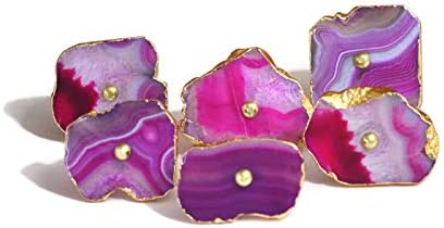 Pink Agate Stone knobs for Cabinet Doors and Drawers (8, Golden Electroplated Borders)