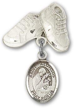 Jewels Obsession Baby Badge with St. Aloysius Gonzaga Charm and Baby Boots Pin | Sterling Silver Baby Badge with St. Aloysius Gonzaga Charm and Baby Boots Pin - Made In USA