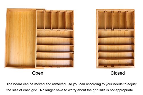 ISINO Extra Deep Wooden or Stainless Utensil Divider Tray , Non-slip Utensil Organizer , Large Utensil Holder with 10-11 Slots , Size (11.4"-20")L x 17.5"W x 2.5"H