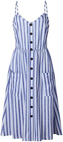 BABAKUD Women's Dresses Summer Striped Spaghetti Strap Button Down Midi Dress with Pocket, Size S