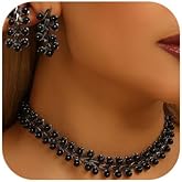 Jnncocier Vintage Black 1920s Faux Pearls Choker Earrings Jewelry Set Circle Necklace Earrings Set Bohemian Black Pearl Short Layered Choker Necklace Halloween Necklace Earrings for Women