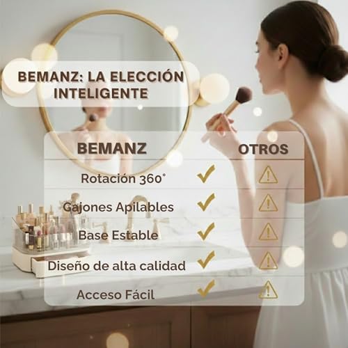 BEMANZ Makeup Organizer with Stackable Drawers and Rotating Module, Transparent with Cream Drawer for Cosmetics, Brushes and Perfumes for Vanity and Desk Makeup Organizer