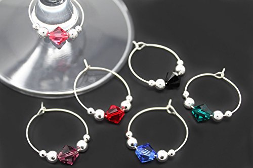 BRILLIANCE Swarovski Crystal Wine Charms (Set of 6) by Claim Your Glass - Premium Drink markers for stemmed Wine, Champagne, Martini Glasses - Includes Storage Case + BONUS Velveteen Bag (SILVER)