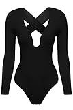 Zeagoo Women V-neck Stretch Bodysuit Bodycon Playsuit Sexy Jumpsuit Tops Black Small