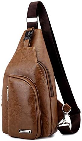 Men's Sling Bag Waterproof Leather Shoulder Chest Crossbody Bag with USB Charging Port (#11)