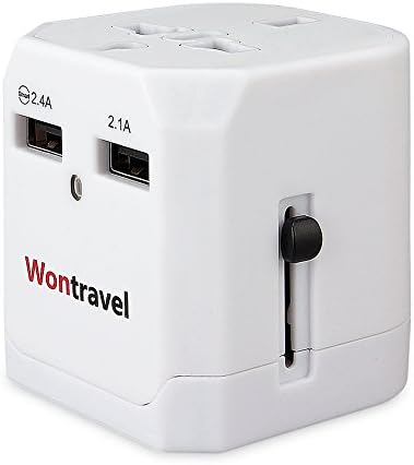 Wontravel Universal International Travel Adapter Wall Charger Adaptor plug Built-in 2.1A Dual USB Ports（White)