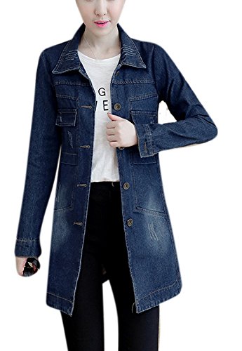 Women's Fall Washed Blue Denim Long Jacket Fashion Front Button Down Jean Coat S Dark Wash Blue