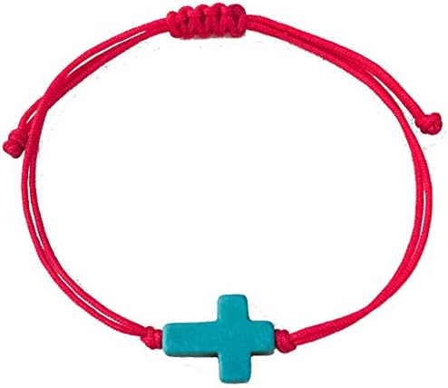 Turquoise Cross on Red Cord Adjustable Bracelet, Unisex One Size fits Most