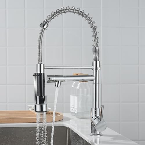 Cooltens Grifo para Fregadero de Cocina, Grifo Giratorio de Salida de Modo Dual, Grifo con Rociador de Resorte Extraíble para Mezclar Agua fría y Caliente, Profesional, Cromo