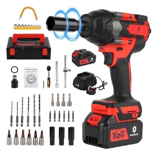 GearZone Cordless Impact Wrench 1/2 Inch, 1000 N.m Brushless Impact Gun Come with 2pcs 21V Batteries, 2800 RPM High Torque Electric Power Impact Driver Set for Car Home-Red
