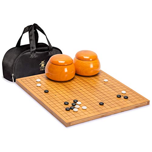 Yellow Mountain Imports Bamboo 0.8-Inch Etched Reversible 19x19 / 13x13 Go Game Set Board with 9.2mm Double Convex Yunzi Stones and Jujube Bowls - Classic Strategy Board Game (Baduk/Weiqi)