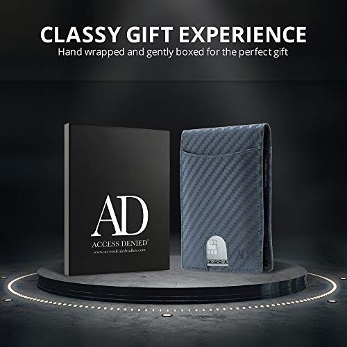 Access Denied Leather Carbon Fiber Wallets For Men - Navy Blue Money Clip Bifold Mens Wallet RFID Front Pocket Thin Credit Card Holder - Gifts For Men