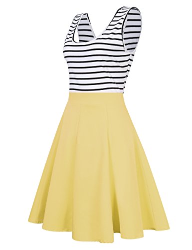 MISSKY Women's Open Back Sleeveless Sexy Hollow Out Slim Fit and Flare Black White Stripe Casual Cocktail Cute Mini Swing Dress for Summer Spring (L, Yellow)