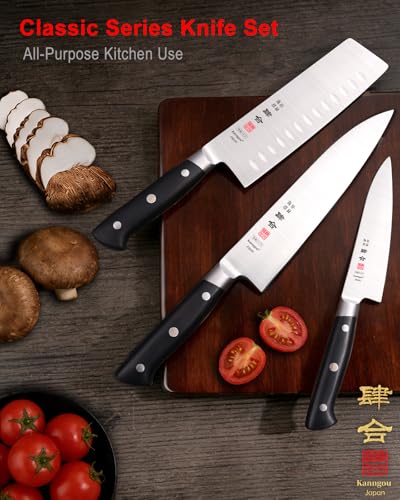 kanngou Chef Knife Set 3PCS Kitchen Knives with Japanese AUS-8 Alloy Steel, Japanese Knife Set with Full-Tang Pakkawood Handle and Premium Gift Box (Classic Series)