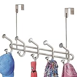 mDesign Over the Door 10-Hook Rack for Coats, Hats, Robes, Towels - Brushed Stainless Steel