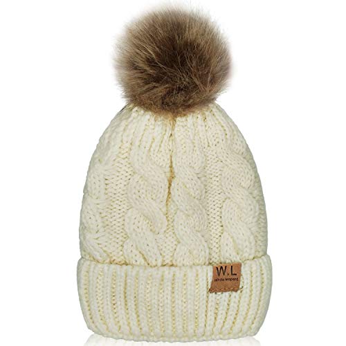 Whiteleopard Kid Beanie Hats Lining Pom Pom for Children -Slouchy Cable Knit Toddler Skull Hat Baby Ski Cap for Girls Boys (White)