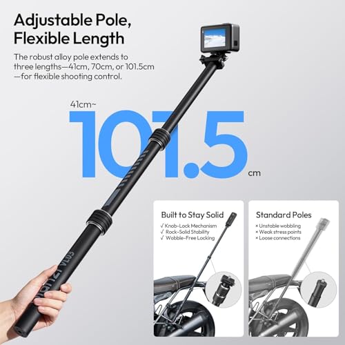 ULANZI Quick-Release Invisible Selfie Stick Motorcycle Bike Mount Kit for Insta360 X5 X4 X3/DJI Osmo 360, VL03 40in Adjustable Extension Pole Clamp Mount for Action Camera