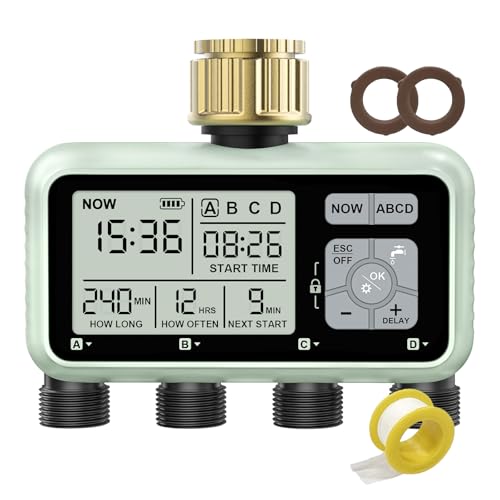 Watering Timer 4 Zone with Brass Inlet, Sprinkler Timer, Programmable Garden Outdoor Hose Faucet Timer with Rain Delay, Auto & Manual Watering System for Garden Lawn
