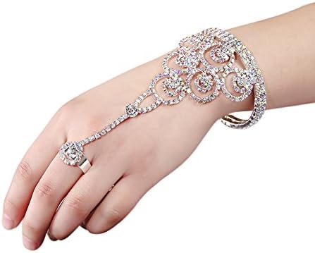 Wedding Bridal Crystal Slave Bracelet Cuff Finger Ring Set for Women Hand Harness Chain (Multicolor)