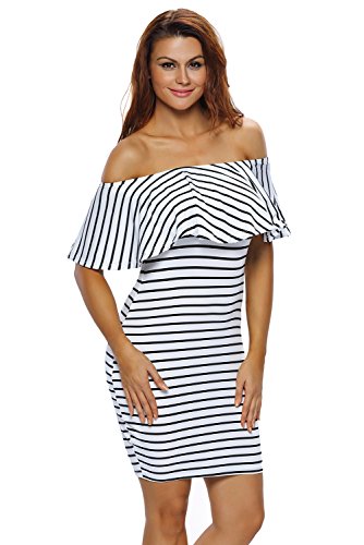 princess polly baby blue dress Douhoow Women Off Shoulder Mini Dress,Stripe Bodycon Dress Ribbed Knit  Sweater Dress main image 1