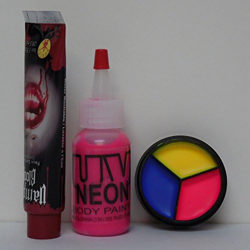 Bloody Baby Doll Make Up Set for Halloween w/ UV Neon 3 Color Cream Palette, Body Paint, &amp; Blood, Black Light, Rave, Party
