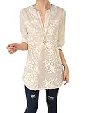OURS Women's Notch Neck Floral Embroidery Shirt Tunic Top White