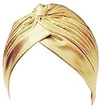 EachWell Women Tie-dye Pleated Ruffle Stretch Turban Hat Hair Wrap Cover Up Sun Cap Gold