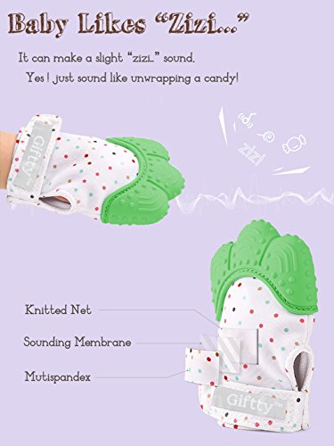 Baby Teething Mittens Self Soothing Pain Relief Mitt, Stimulating Teether Toy, Prevent Scratches Protection Glove with Travel Bag, Stay on Babyâ€˜s Hand, Unisex for 0-6 months Baby (2 Mittens - Green)