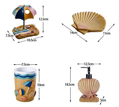 JYXR 5 Piece Bathroom Accessories Set, 3D Beach Style Bath Ensemble, Resin Bath Set Collection Features Liquid Soap…
