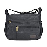 Fabuxry Light Weight Canvas Shoulder Bag for Women Messenger Handbags Cross Body Multi Zipper Pockets Bags (Black)