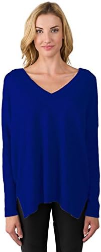 J CASHMERE Women's 100% Cashmere Slouchy Dolman Sleeve Double V Neck Sweater (M, Midnight)