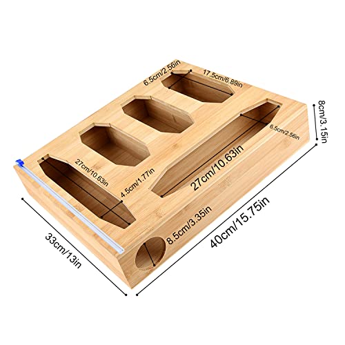 Ziplock Bag Storage Organizer Wrap Dispenser - Aluminum foil Dispenser with Cutter Labels,Bamboo Organizer, Compatible with Gallon, Quart, Sandwich and Snack Variety Size Bag