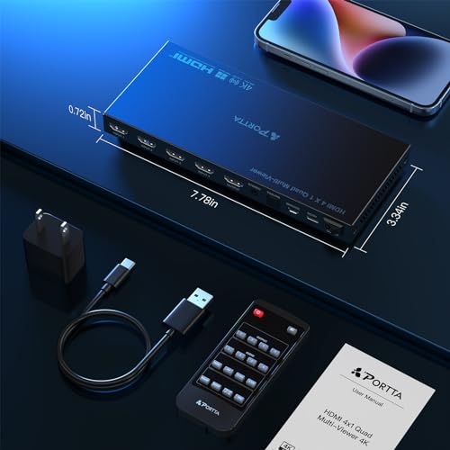 4k HDMI Multiviewer Switch 4x1 with Pip, PORTTA Quad Multi Viewer Seamless Switch 4 in 1 out with Toslink, 3.5mm Audio Output Support 4K 30Hz, 6 Viewing Modes, Downscaler, Compatible with PS4 Xbox