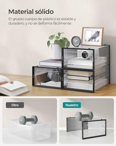 SONGMICS Cajas de Zapatos Plástico, Juego de 12 Organizadores de Almacenamiento, Caja Zapatero Plástico Plegable y Apilable para Zapatillas hasta talla 44, Transparente y Negro MLSP006B12