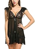 Avidlove Women Sexy Babydoll Two Pieces Nightwear Mesh Lace Lingerie Set Black XL