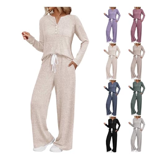 Lounge Wear Sets for Women UK Long Sleeve Pyjamas Set Plain Ribbed Tracksuits 2 Piece Outfits V Neck Jumpers and Wide Leg Trousers with Pockets Casual Loungewear