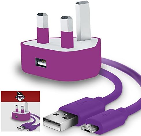 IWIO 3 Pin UK USB Mains Charger Adapter 1000 mAh / 1 AMPwith USB 2.0 Micro USB Sync and Charge Cable 1 Meter compatible with Amazon Fire HD 8 8" Inch - PURPLE