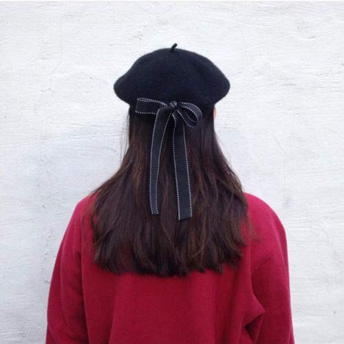 Blue Stones Women's Fashion Black Bow Berets Lace-up Bowknot Beret Hats French Style Woolen Hats Cap