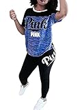 Playworld Women Pink Letter Print Short Sleeve Top and Long Pant 2 Piece Outfits Tracksuit