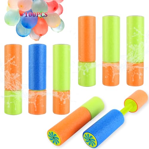 Aottom Pack of 8 Children's Water Pistols, Foam Water Pistols, 15.5 cm Set with 100 Water Bomb Balloons, Spray Gun, Water Colourful for Boys and Girls, Party, Beach, Pool Toy