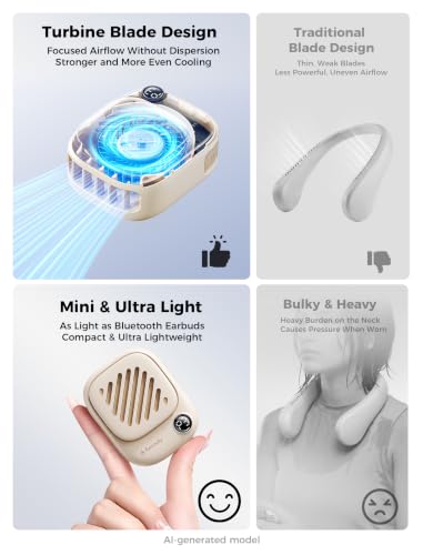 Aecooly Mini Portable Neck Fan, Mighty Hands Free Fan, Magnetic Fit Click 01 USB Rechargeable[10H Max Cooling Time], Battery Operated Wearable Personal Fan for Travel, Summer, Gifts for Women - Beige